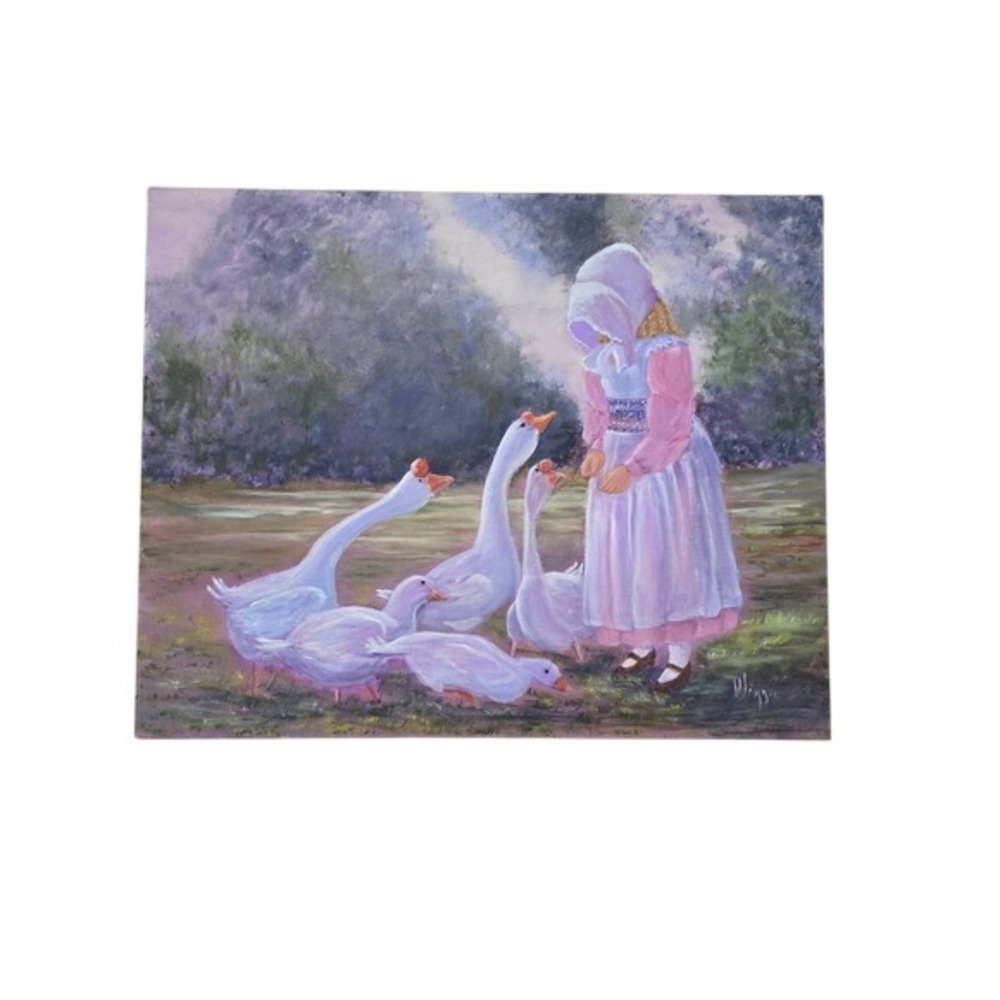 Winnie Signed Original Oil Painting Girl with Geese Canvas Art 16x20 Cottagecore
